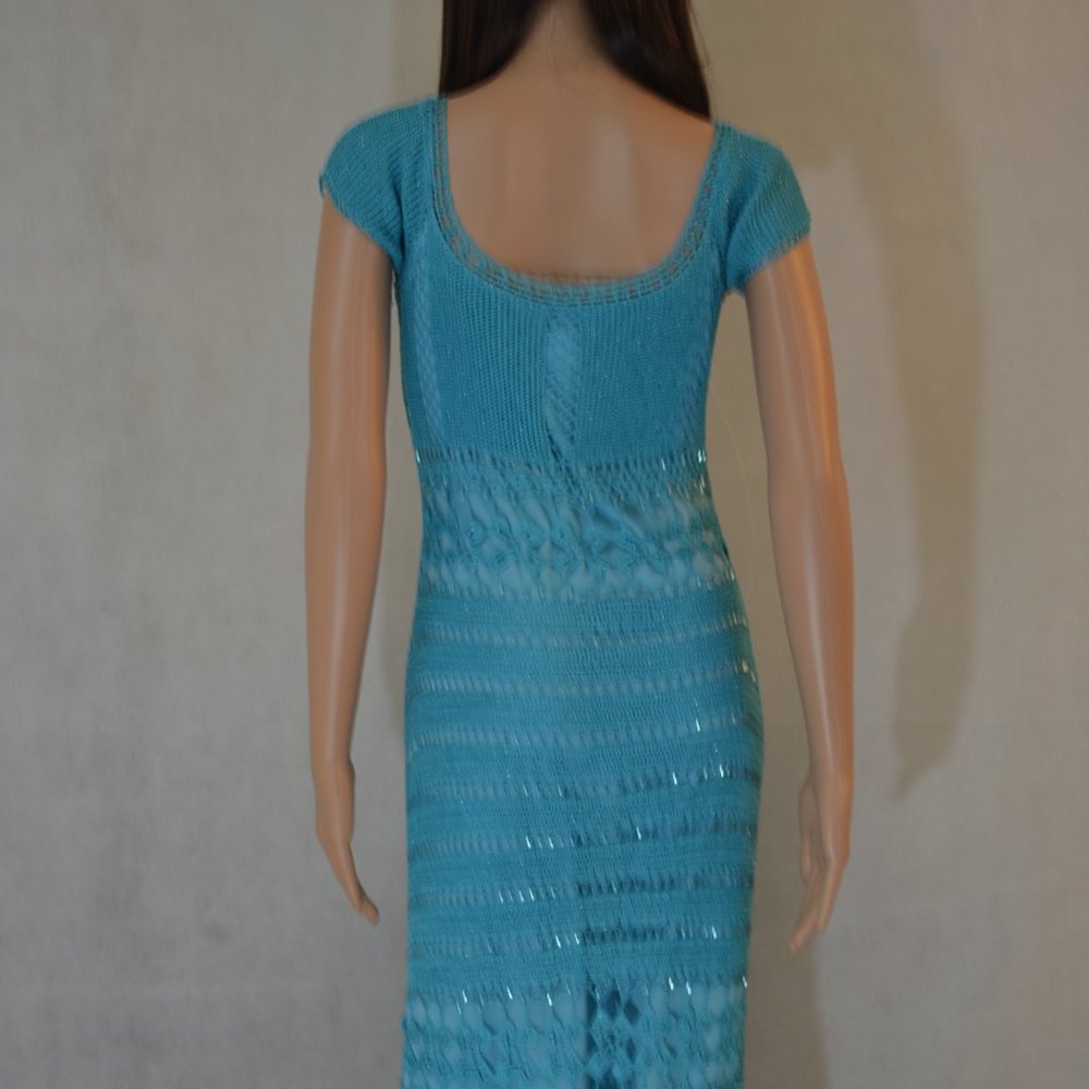 CACH'E ( BEAUTIFUL ) TURQUOISE  NET DRESS SIZE  M - Picture 5 of 9
